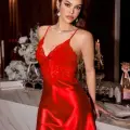 LYYN Arias Closet Kırmızı Dantel İşlemeli İnce Askılı Sırt Dekolteli Saten Mini Gecelik