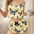 LYYN Kadın Sarı Kelebek Desenli Askılı Şortlu Ribana Pijama Takımı,rahat Ve Şık Ev Giyim,kadın Pijama