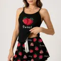 LYYN Çilek Baskılı Siyah Askılı Şortlu Pijama Takımı