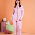 LYYN Pjs 28001 Kadın Uzun Kol Çizgili Önü Düğmeli Pijama Takım