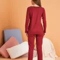 LYYN Pjs 28091 Kadın V Yaka Uzun Kol Pijama Takımı