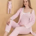 LYYN Stil Moda 6064 Kadın Çizgili Askılı Sabahlıklı Pijama Takımı