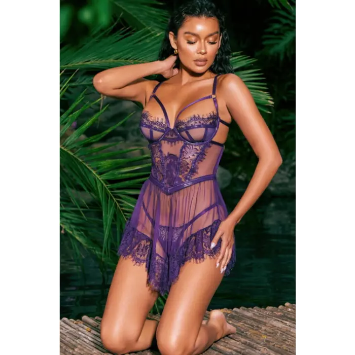 Britli Mor Takım Dantel Transparan Gecelik