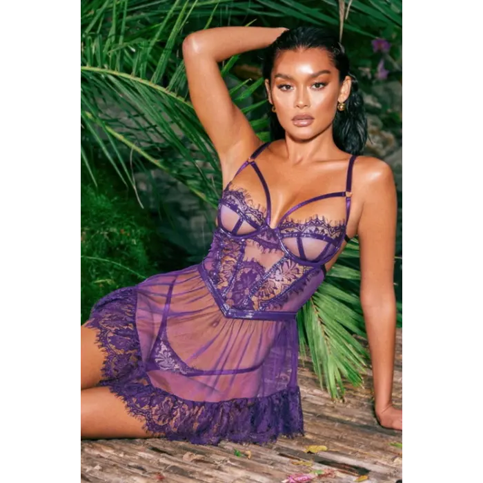 Britli Mor Takım Dantel Transparan Gecelik