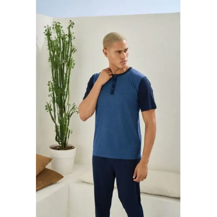 Erkek 2205 Erkek  Battal Midi Yaka Pijama Takım