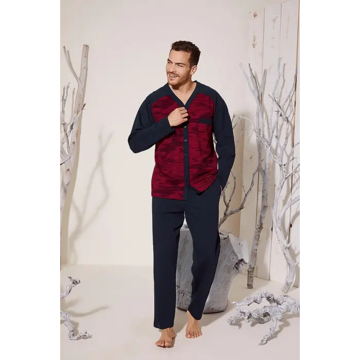 Erkek 8025 Erkek   V Yaka Boydan Düğmeli Pijama Takımı