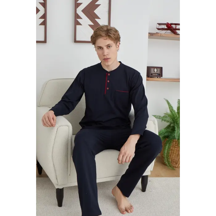 Erkek 9111 Battal  Erkek   Midi Yaka Pijama Takımı