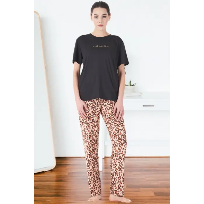 Estiva 25161 Kadın Marla Leoparlı Kısa Kol Pijama Takımı