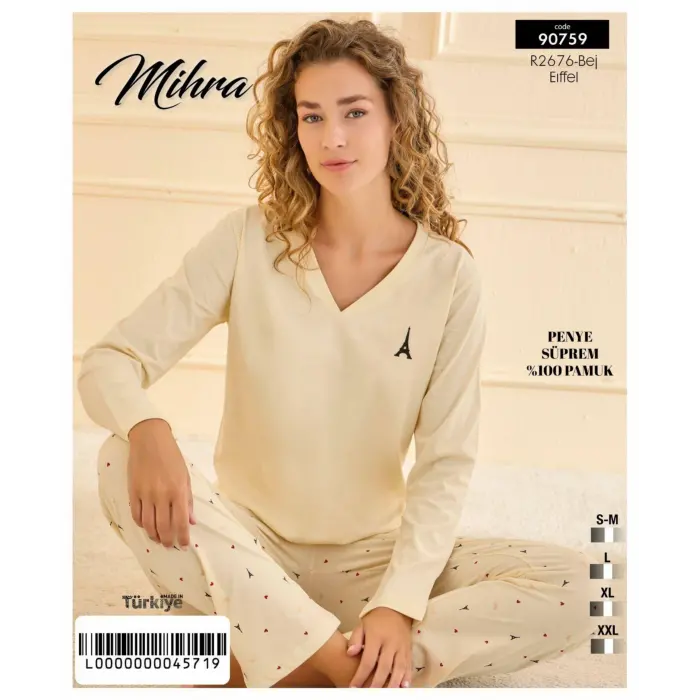 LYYN  90759 Kadın V Yaka Uzun Kol Pijama Takımı