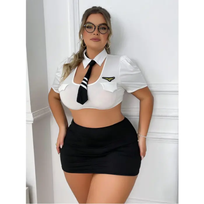 LYYN Arias Closet Büyük Beden Beyaz Bolerolu Mini Etekli Fantezi Havacı Kız Kostümü