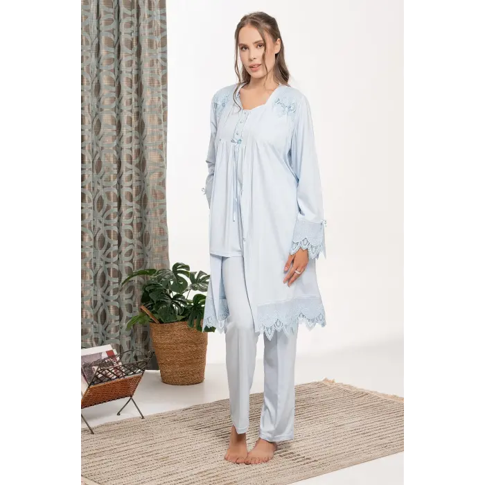 LYYN Bone 6109 Dantel Detaylı Sabahlıklı Lohusa Pijama Takımı