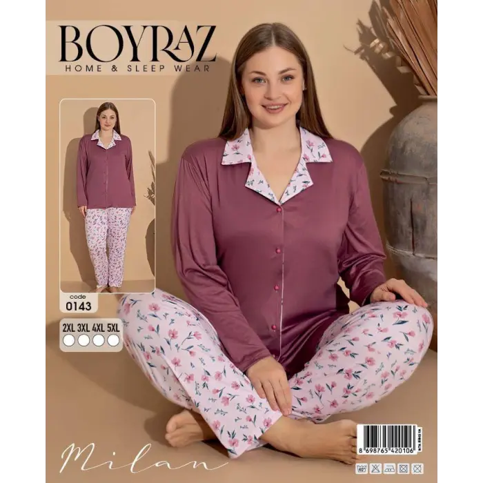 LYYN Boyraz 0143 Kadın Milan Battal Uzun Kol Pijama Takımı