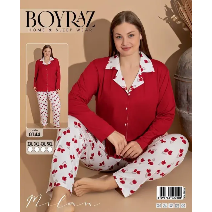 LYYN Boyraz 0144 Kadın Milan Battal Uzun Kol Pijama Takımı