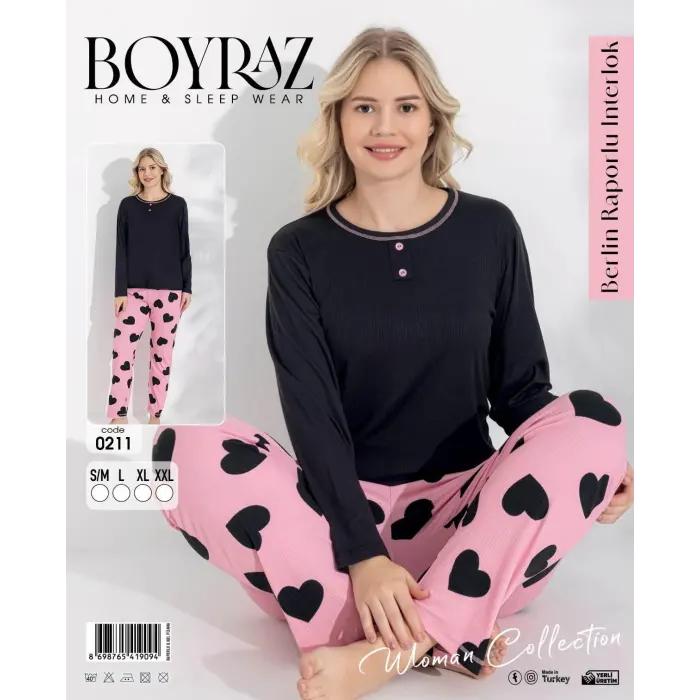 LYYN Boyraz 0211 Kadın Raporlu Uzun Kol Pijama Takımı