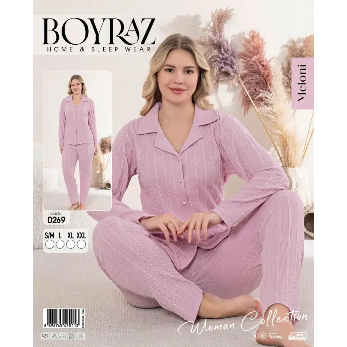 LYYN Boyraz 0269 Kadın Patlı Uzun Kol Pijama Takımı