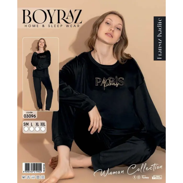 LYYN Boyraz 03096 Fransız Kadife Kumaş Uzun Kol Pijama Takımı