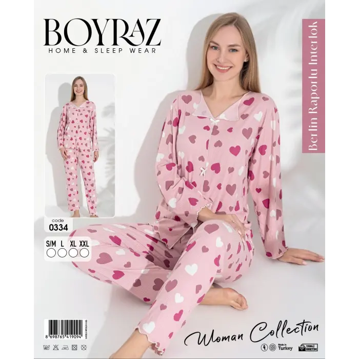 LYYN Boyraz 0334 Kadın Raporlu Uzun Kol Pijama Takımı