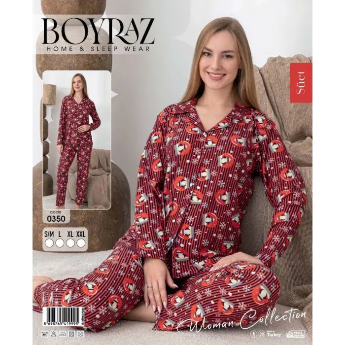 LYYN Boyraz 0350 Kadın Süet Patlı Uzun Kol Pijama Takımı