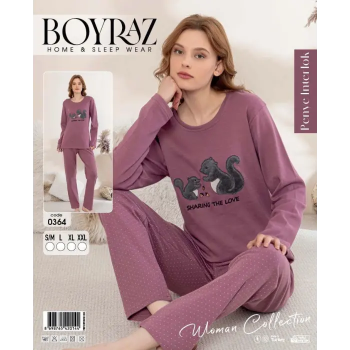 LYYN Boyraz 0364 Kadın Penye Uzun Kol Pijama Takımı