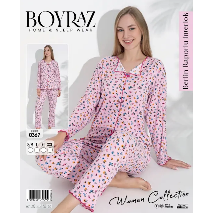LYYN Boyraz 0367 Kadın Raporlu Uzun Kol Pijama Takımı