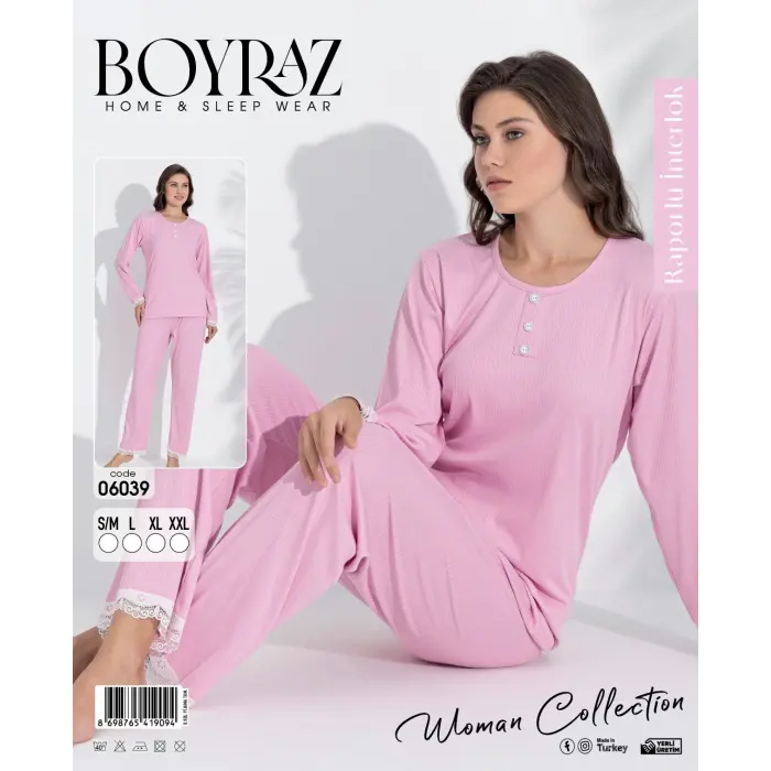 LYYN Boyraz 06039 Kadın İnterlok Kumaş Uzun Kol Pijama Takımı