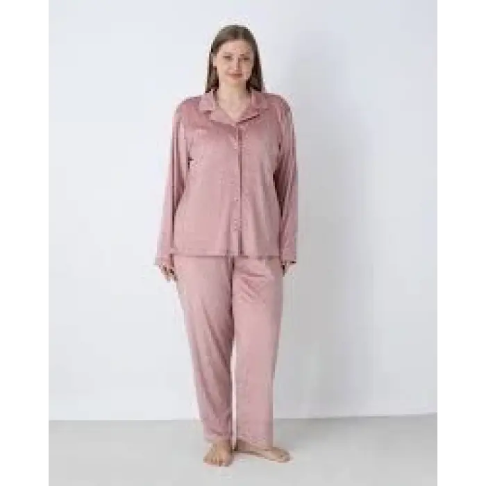 LYYN Estiva 25371 Gömlek Yaka Battal Kadife Pijama Takımı