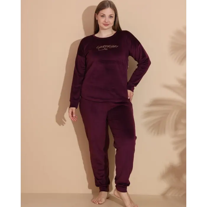 LYYN Estiva 25393 Uzun Kol Battal Kadife Pijama Takımı