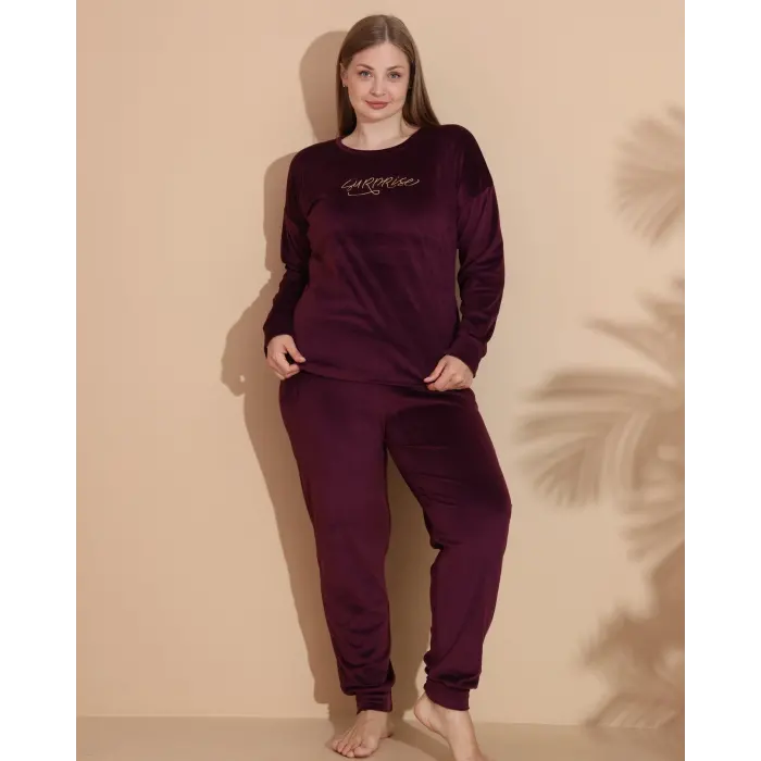 LYYN Estiva 25393 Uzun Kol Battal Kadife Pijama Takımı