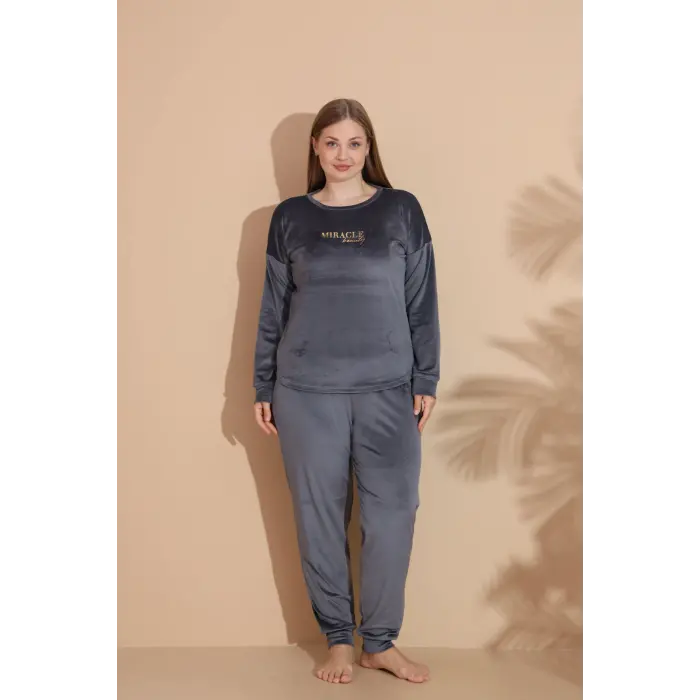 LYYN Estiva 25393 Uzun Kol Battal Kadife Pijama Takımı