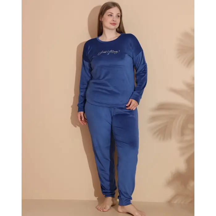 LYYN Estiva 25394 Uzun Kol Battal Kadife Pijama Takımı