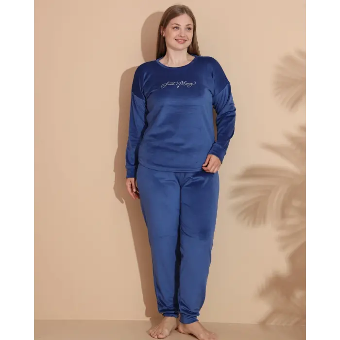 LYYN Estiva 25394 Uzun Kol Battal Kadife Pijama Takımı