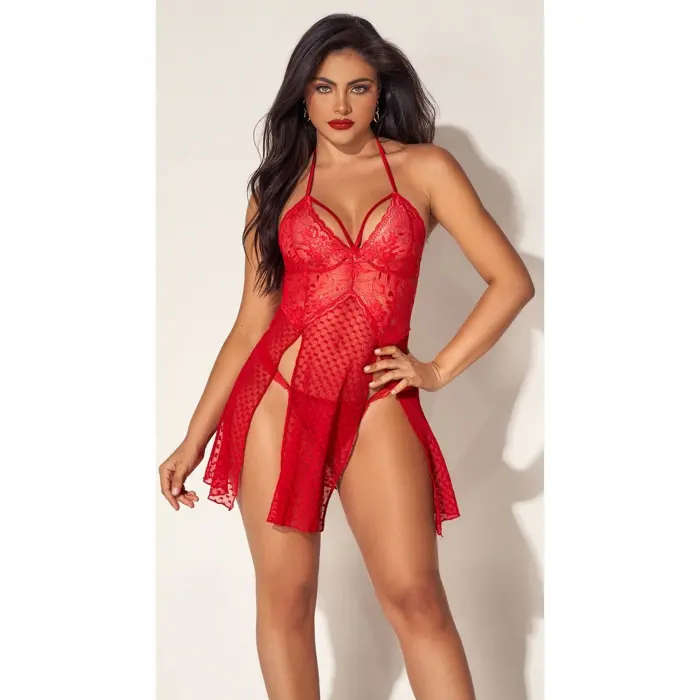 LYYN For Dreams 8604 Kırmızı Dantelli Boyundan Askılı Gecelik Takım