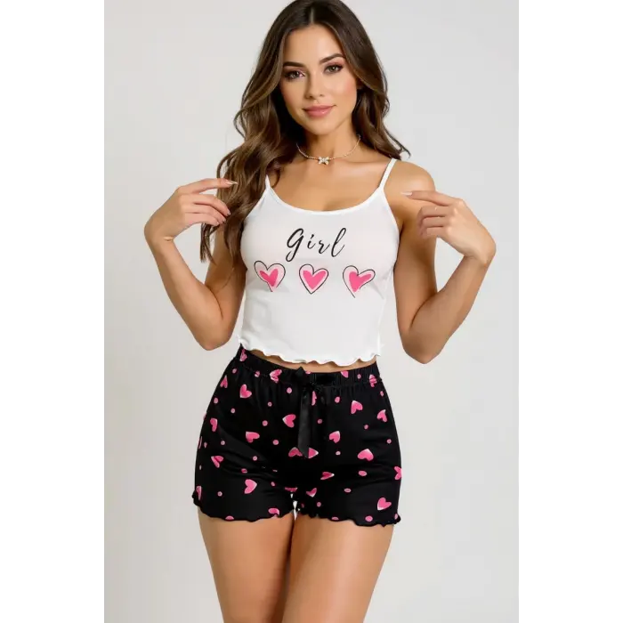 LYYN Kalp Desenli Askılı Şortlu Pijama Takımı
