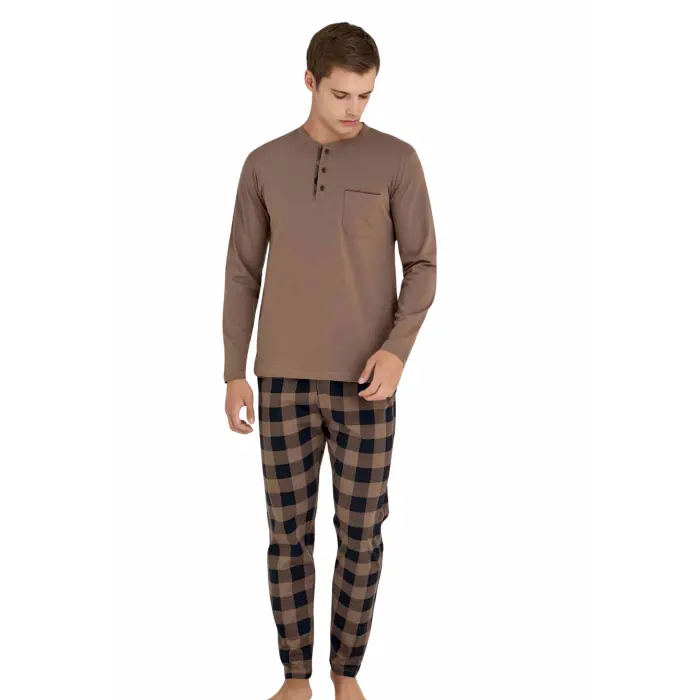 LYYN KLY Battal Erkek Kışlık Pijama Takımı Nescafe Rengi 9108 % 100 Pamuk