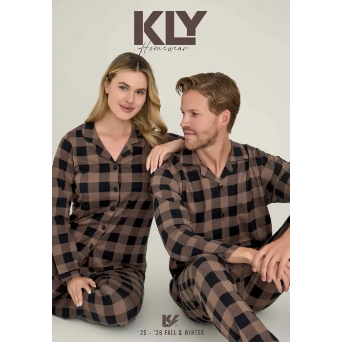 LYYN KLY Kadın Kareli Önden Düğmeli Mürdüm Kışlık Pijama 9205