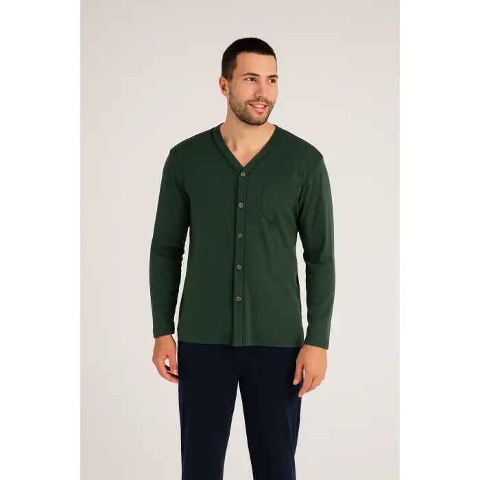 LYYN KLY V Yaka Boydan Düğmeli Battal Boy Erkek Pijama Takımı 9267 % 100 Pamuk