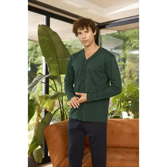 LYYN KLY V Yaka Boydan Düğmeli Battal Boy Erkek Pijama Takımı 9267 % 100 Pamuk