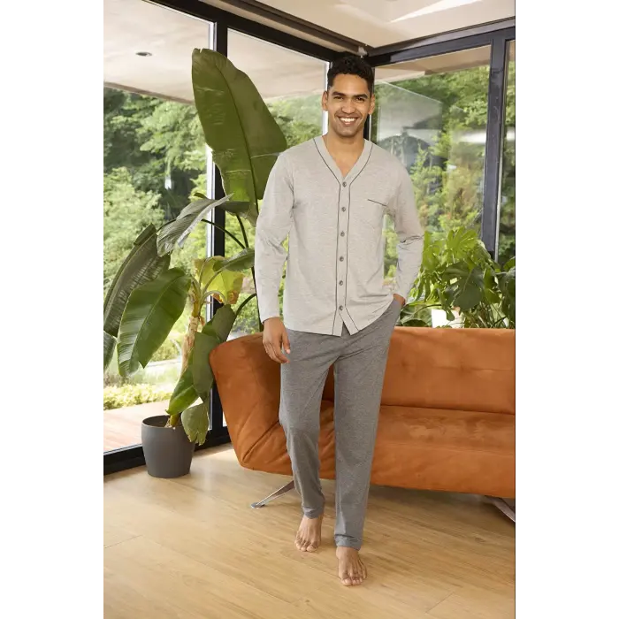 LYYN KLY V Yaka Boydan Düğmeli Battal Boy Erkek Pijama Takımı 9267 % 100 Pamuk