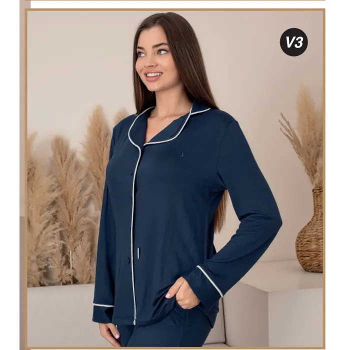 LYYN Limissi Önden Düğmeli Kadın Pijaması acivert Renk 26611