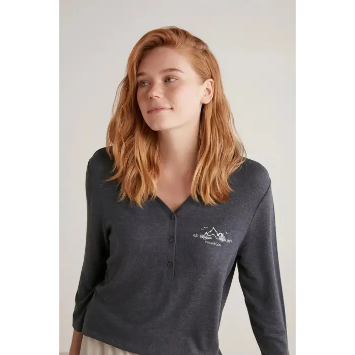 LYYN Nautıca W604 Kadın Patlı V Yaka Uzun Kollu Pijama Takımı