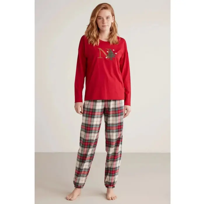 LYYN Nautıca W606 Kadın Uzun Kollu Ekoseli Pijama Takımı