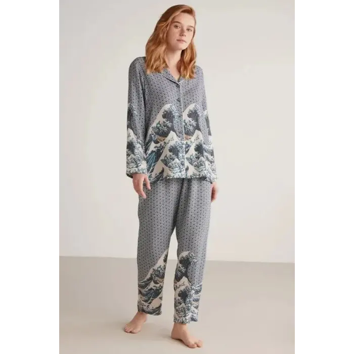 LYYN Nautıca W617 Kadın Uzun Kollu Önden Düğmeli Pijama Takımı