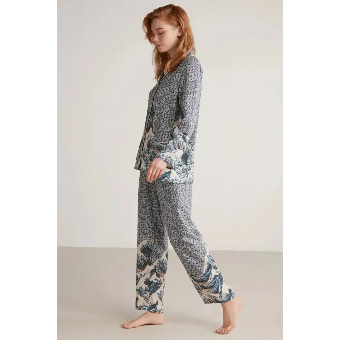 LYYN Nautıca W617 Kadın Uzun Kollu Önden Düğmeli Pijama Takımı