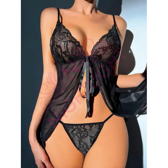 LYYN Nightlight 7007 Dantel Göğüs Kısmı Dantel Yırtmaçlı Mini Gecelik