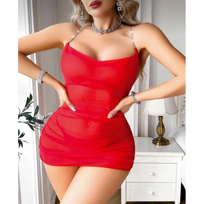 LYYN Nightlight 7054 Ransparan Fantezi Sırtı Zincirli Mini Tül Tangalı Elbise