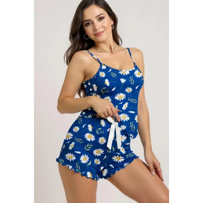 LYYN Papatya Desenli Mavi Askılı Şortlu Pijama Takımı