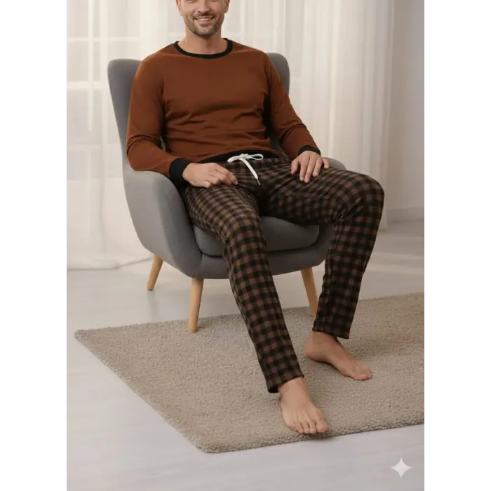 LYYN Pijalüx Tek Alt Ekose Kalın Poplin Kışlık Ev Pantalonu