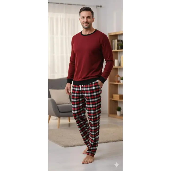 LYYN Pijalüx Tek Alt Kareli Kalın Poplin Ev Pantalonu