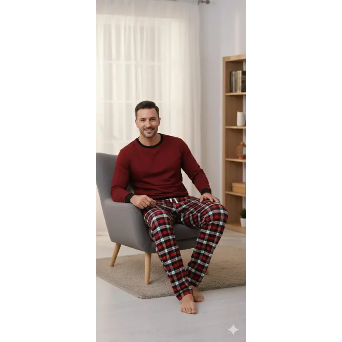 LYYN Pijalüx Tek Alt Kareli Kalın Poplin Ev Pantalonu