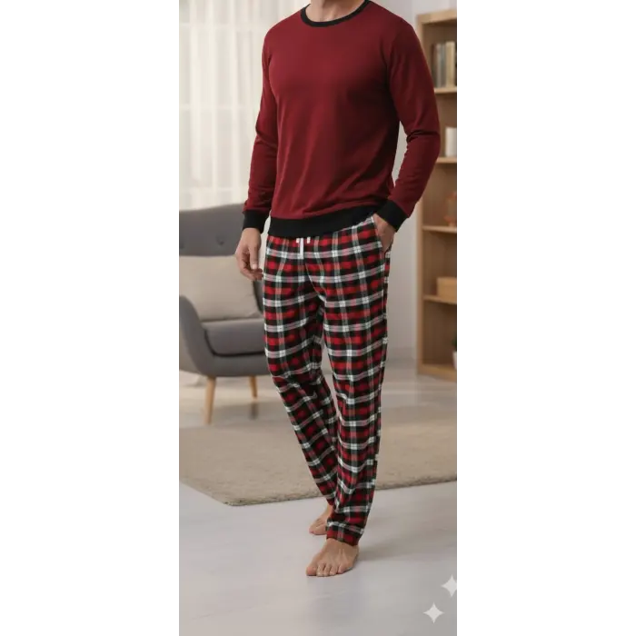 LYYN Pijalüx Tek Alt Kareli Kalın Poplin Ev Pantalonu